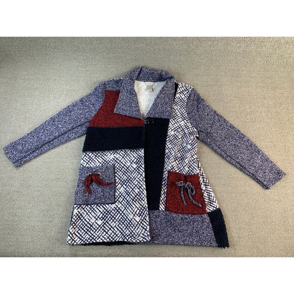 Multiples Cardigan Sweater Patchwork Knit Quirky Blue Red Size XL - Picture 1 of 8